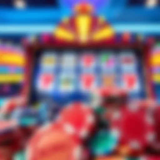 A colorful display of casino chips and bonus rewards with a slot machine in the background