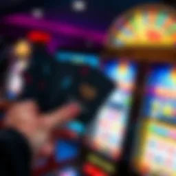 A person holding casino rewards cards with a slot machine in the background.