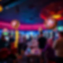 Casino with people playing games A busy casino scene showing people engaged in various games, highlighting the fun and excitement of gambling, contrasted with the notion of potential problems.