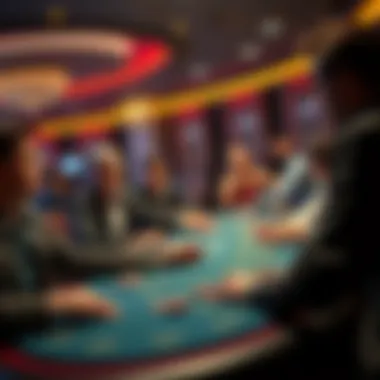 Players at a casino table engaged in a game, showing excitement and tension while interacting with a dealer and chips.