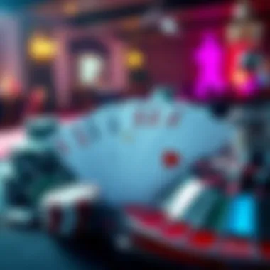A casino scene featuring poker chips, playing cards, and a roulette wheel to represent gambling opportunities.