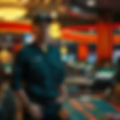 A casino security officer looks distressed, standing near gaming tables with a worried expression, reflecting his battle with gambling addiction.