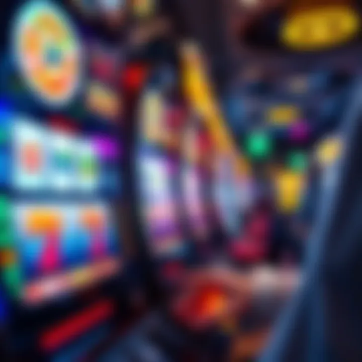 A close-up view of a colorful casino slot machine with spinning reels and bright lights, showing a player interacting with it.