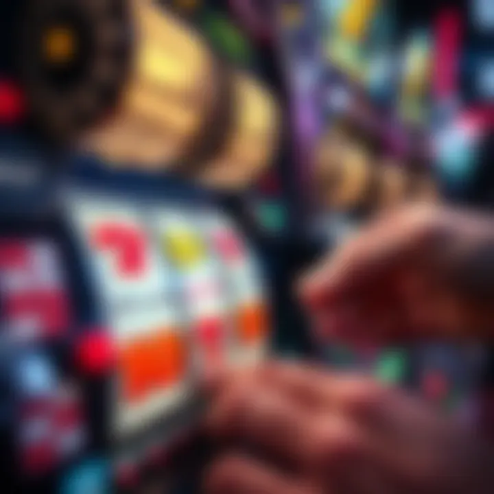 A close-up of a casino slot machine showing colorful reels and a player inserting a coin, representing gambling losses and gains for tax purposes.