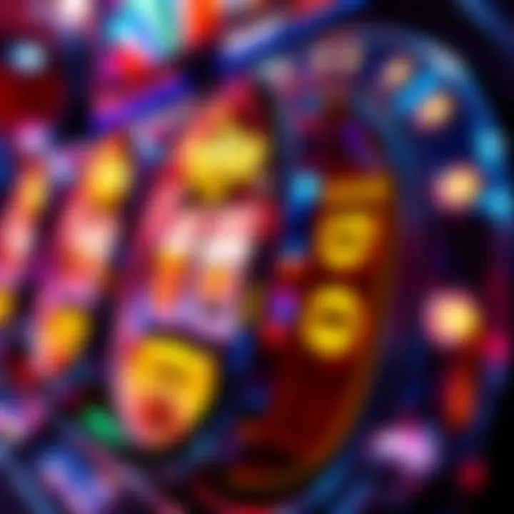 A close-up of a colorful casino slot machine with spinning reels