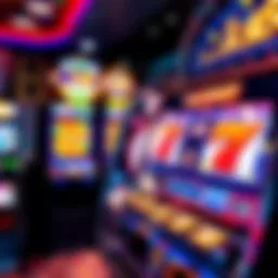 Casino Slot Machine A close-up of a colorful slot machine with spinning reels showing various symbols and a bright 'Jackpot' sign, reflecting excitement in a casino setting.