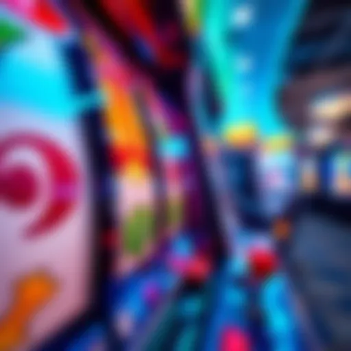 A close-up of a colorful casino slot machine showing bright lights and spinning reels