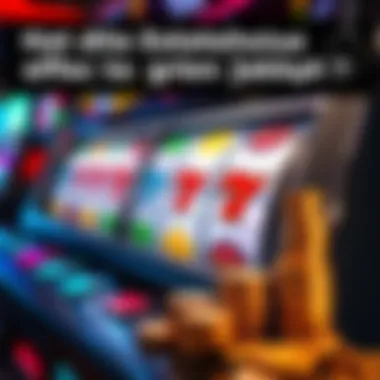 A close-up of a casino slot machine displaying colorful symbols and coins stacked nearby