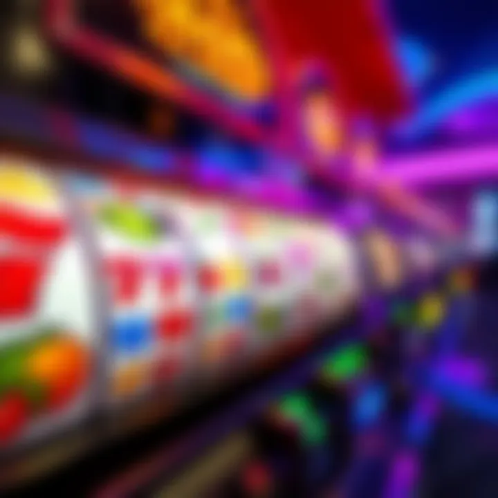 A close-up of a vibrant casino slot machine showing various symbols like fruits and numbers, with bright lights in the background.