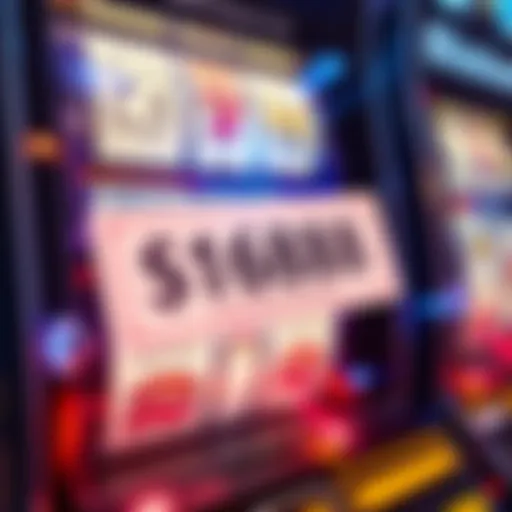A close-up of a casino slot machine displaying a ticket on the screen, symbolizing a forgotten $1688 ticket, with vibrant colors and lights around.