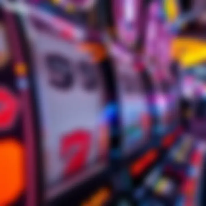 A close-up of a casino slot machine with spinning reels and bright lights, showcasing the excitement of players at Caesar Casino App.