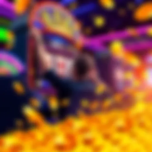 A player celebrating a big win at a casino slot machine after a $500 bet, with colorful lights and coins scattering around
