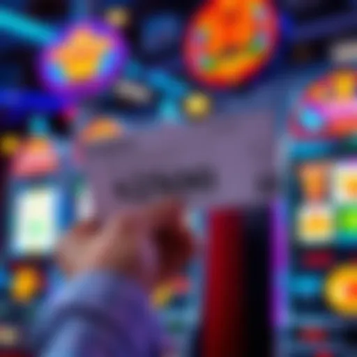 A person holding a casino payout slip with a background of a slot machine, showing excitement about a recent win.