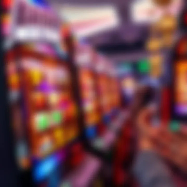 A close-up of a casino slot machine showing colorful symbols and a jackpot display, with people celebrating nearby.