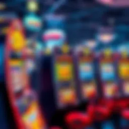 A row of colorful slot machines in a sweepstake casino, showing bright lights and cheerful graphics, inviting players to try their luck.