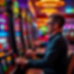 A person playing multiple slot machines at a casino, showing excitement and focus on the screens.