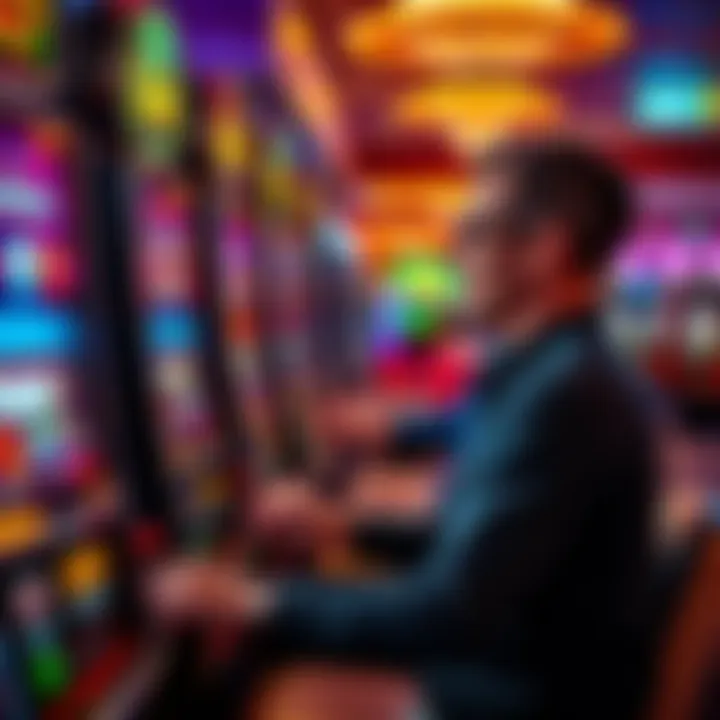 A person playing multiple slot machines at a casino, showing excitement and focus on the screens.