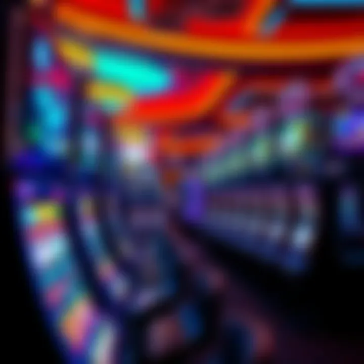 A view of modern slot machines in a casino featuring bright lights and screens