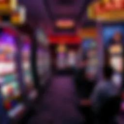 Brightly lit slot machines in a casino, showing various symbols and the excitement of players around them.