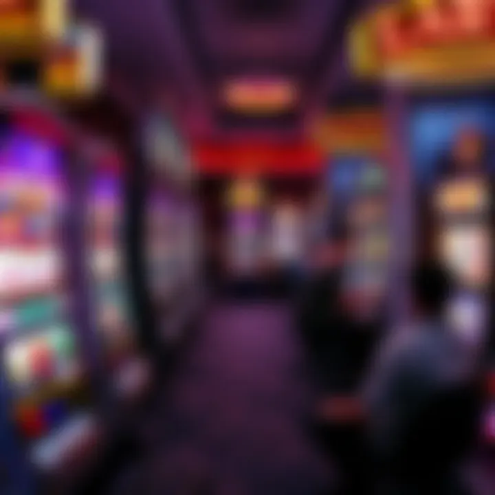 Brightly lit slot machines in a casino, showing various symbols and the excitement of players around them.