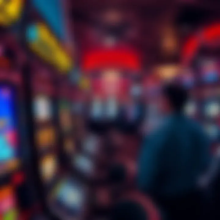 Casino slot machines in action A view of multiple slot machines in a casino with a player observing, some machines showing winning signs and others not.