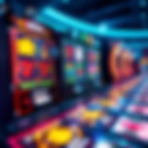 A colorful screen displaying various slot machine games with coins and bonus icons.
