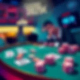 Illustration of a casino table with cards, chips, and a player thinking strategically