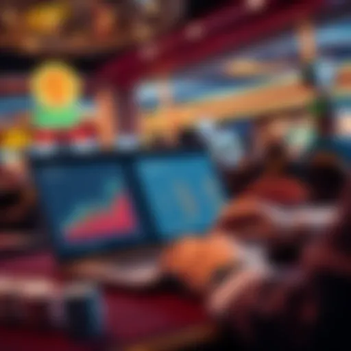 A person analyzing gambling strategies with charts and graphs on a laptop in a casino setting.
