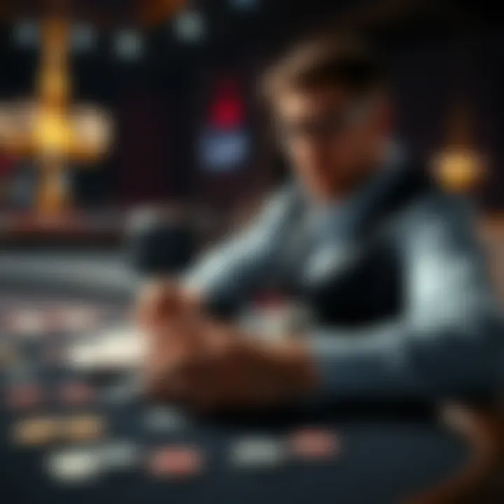 A person sitting at a poker table, reviewing financial plans and strategies for casino games with chips and cards in front of them.