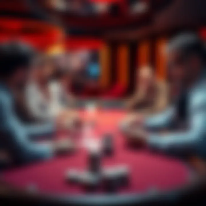 A group of players discussing strategies at a casino table with cards and chips.