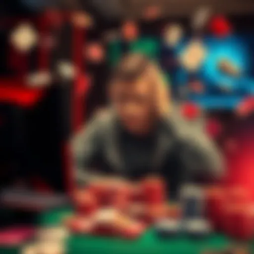A person sitting at a computer with a worried expression, surrounded by gambling symbols like cards and chips, representing the fight against addiction and loss.