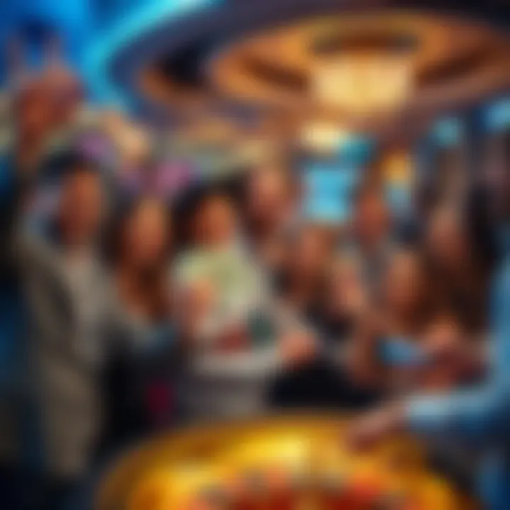 A group of happy people celebrating big wins in a casino setting, with chips and money in hand.