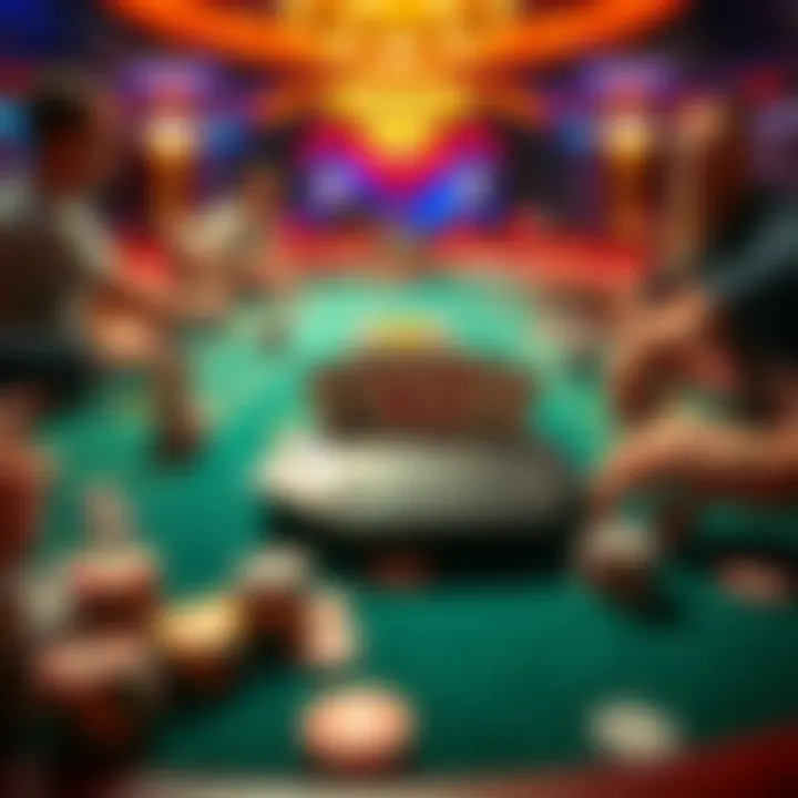 A casino table showing an 8 deck shoe for card games, with players engaging at the table and chips scattered around.