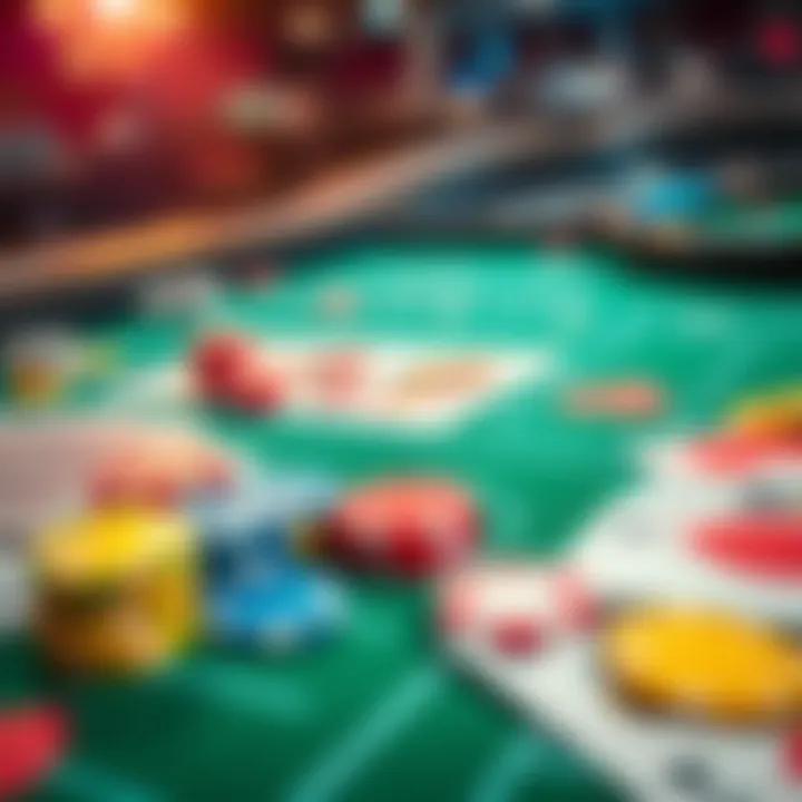 A close-up view of a casino table filled with colorful betting chips and cards, representing gambling strategies and winning chances.