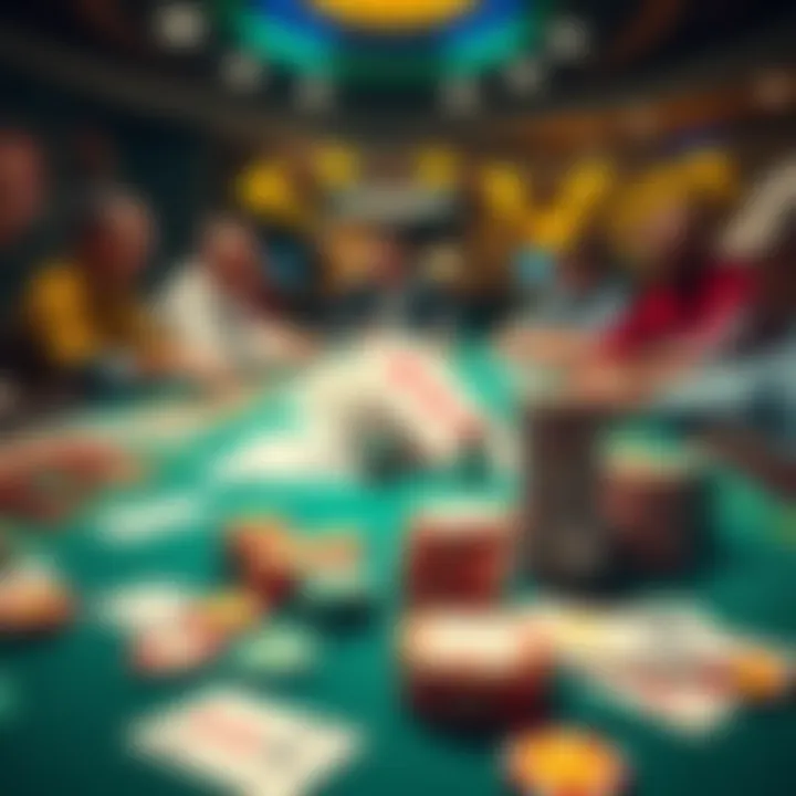 Casino table with cards and chips A lively casino table with players enjoying card games and colorful chips stacked.
