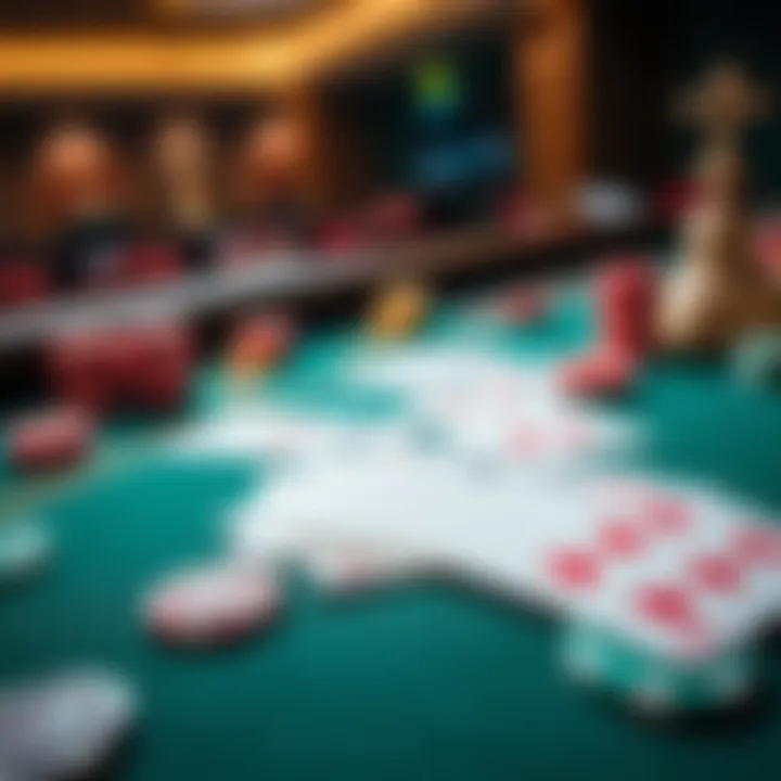 A close-up view of a casino table featuring playing cards and poker chips, representing gambling strategy.