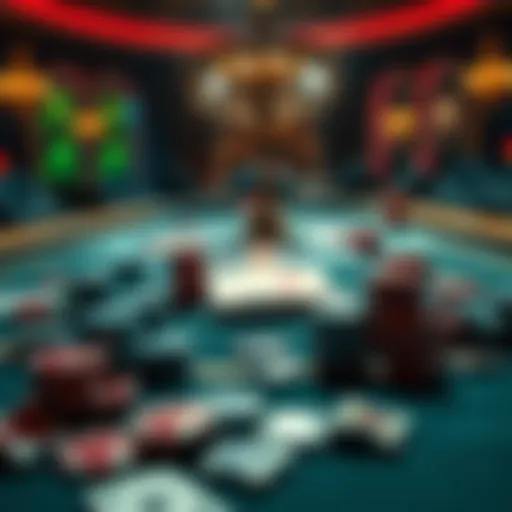 A casino table filled with playing cards and chips, showing a tense atmosphere of gambling