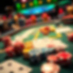 A casino table displaying playing cards and colorful chips, showcasing a vibrant gaming atmosphere.