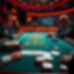 Casino table with cards A casino table showing a deck of cards being dealt, with players looking on thoughtfully.