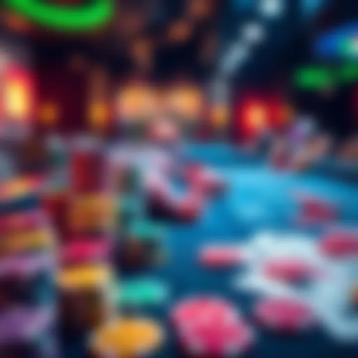 A casino table filled with colorful chips and cards, showcasing an exciting gaming atmosphere.