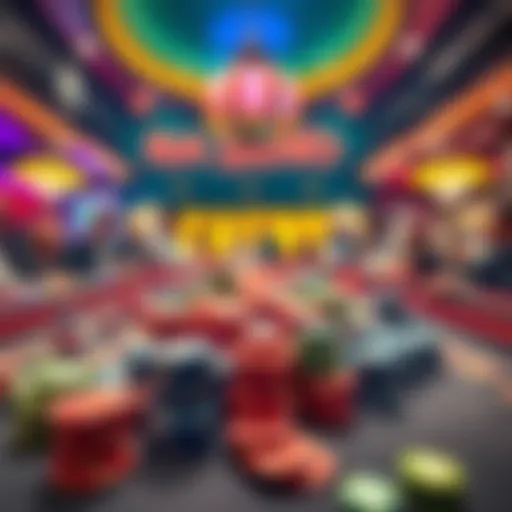 A bustling casino table filled with colorful chips and players engaged in a game.