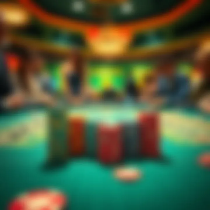 Casino table with chips A casino table showing colorful chips stacked near a dealer while players observe a game, indicating high stakes.