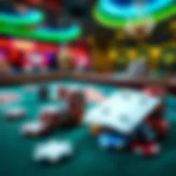 A vibrant casino table displaying poker chips and playing cards, showcasing a gambling atmosphere