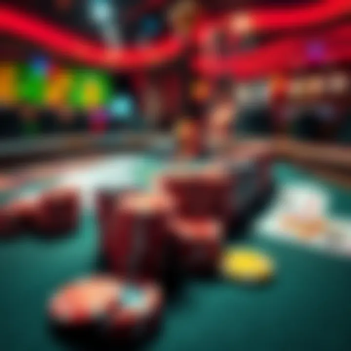 A lively casino table displaying colorful chips and playing cards, showcasing a gambling atmosphere.