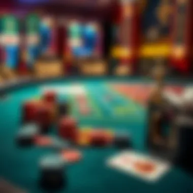 A casino table featuring chips and playing cards, highlighting Baccarat and Roulette games, with an atmosphere of excitement and anticipation.