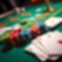 A close-up view of a casino table featuring poker chips and playing cards, showcasing the latest gaming strategies.
