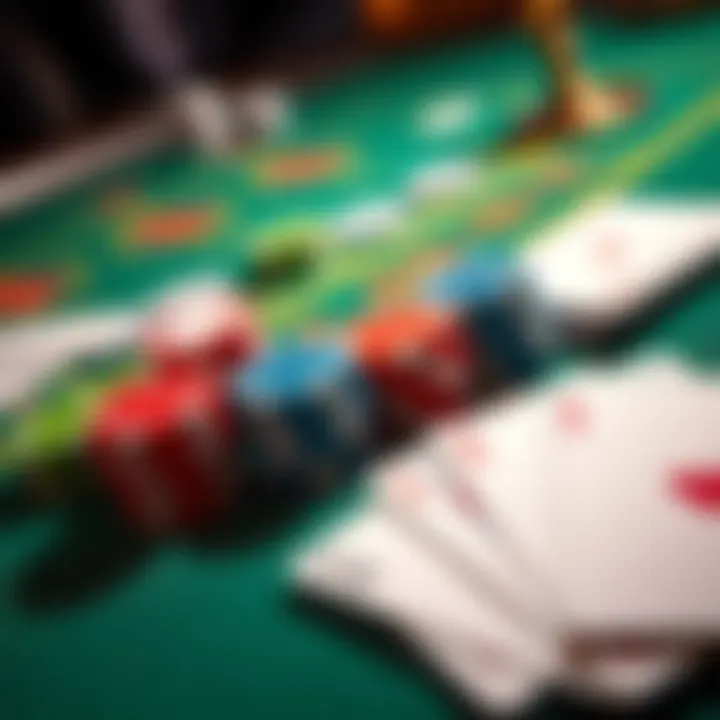 A close-up view of a casino table featuring poker chips and playing cards, showcasing the latest gaming strategies.