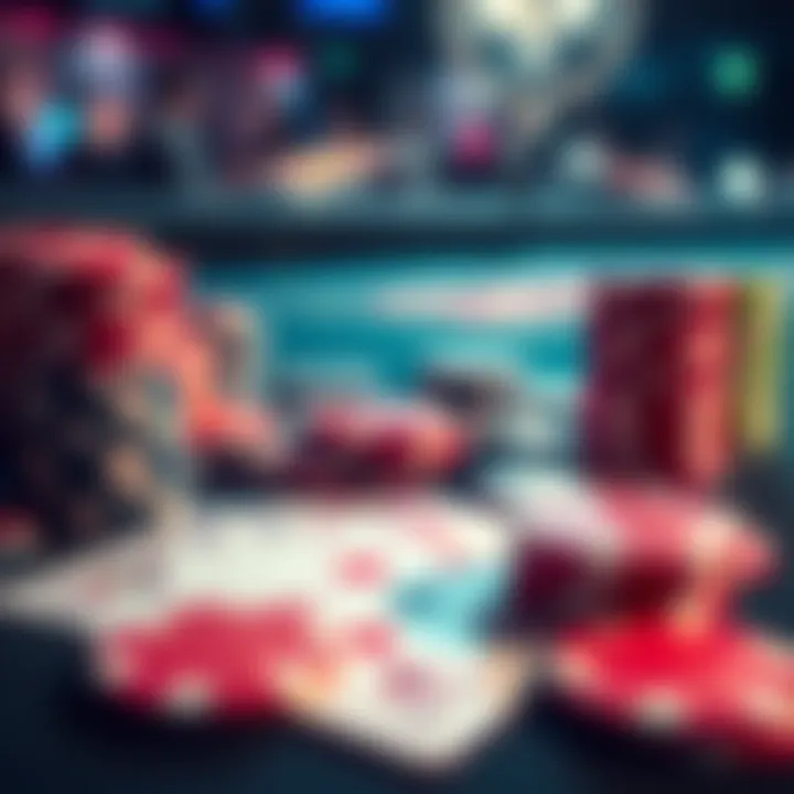 A close-up of a casino table featuring colorful chips and playing cards, highlighting the excitement of gambling while reminding of its risks.