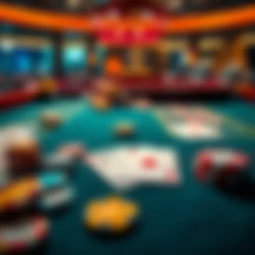 A vibrant casino table featuring colorful chips and playing cards laid out, inviting players to join the game.