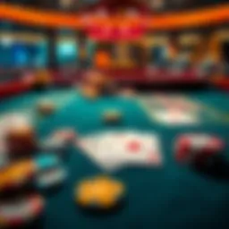 Casino Table with Chips and Cards A vibrant casino table featuring colorful chips and playing cards laid out, inviting players to join the game.